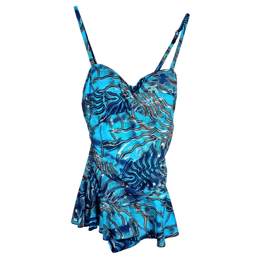 Ceeb of Miami Vintage Swimsuit Size 8 Green Abstract Print Skirted One Piece - Picture 4 of 9